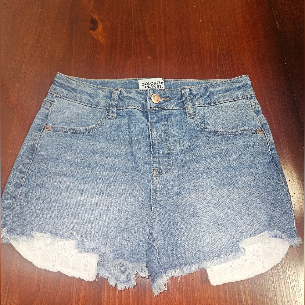 Blue Distressed Denim Shorts with Frayed Hem
